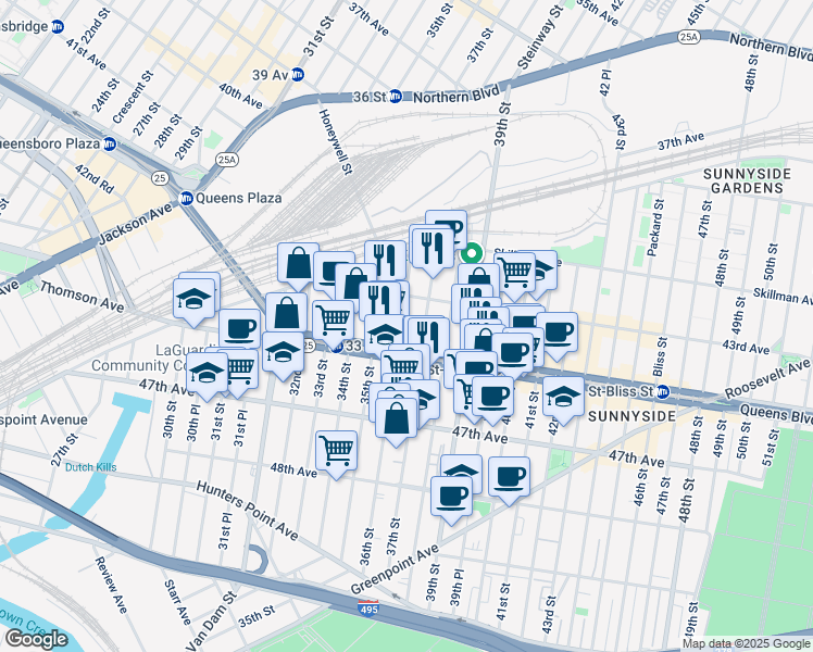 map of restaurants, bars, coffee shops, grocery stores, and more near 35-19 Queens Boulevard in Queens