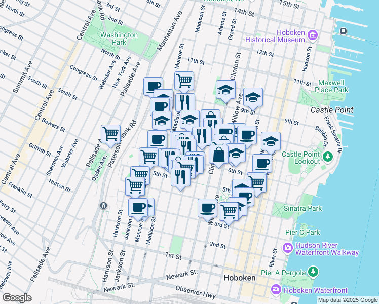 map of restaurants, bars, coffee shops, grocery stores, and more near 533 Adams Street in Hoboken