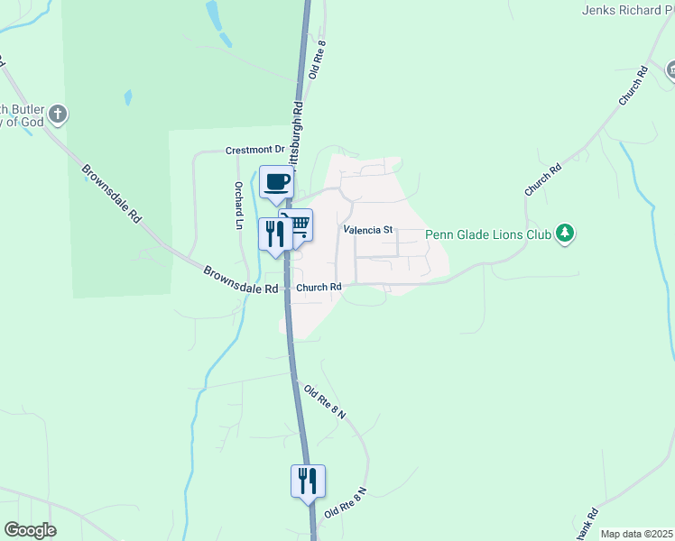 map of restaurants, bars, coffee shops, grocery stores, and more near 108 Church Road in Butler