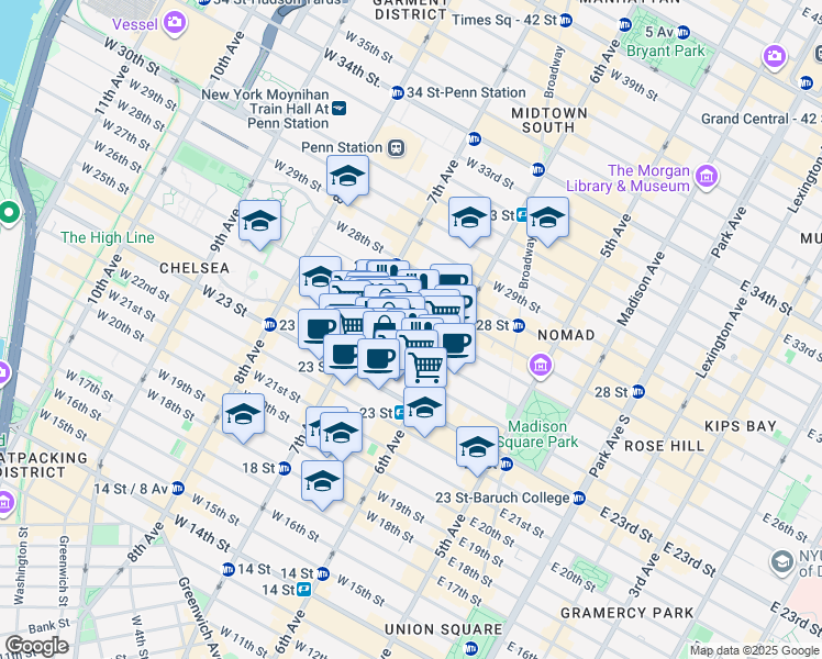map of restaurants, bars, coffee shops, grocery stores, and more near 132 West 26th Street in New York