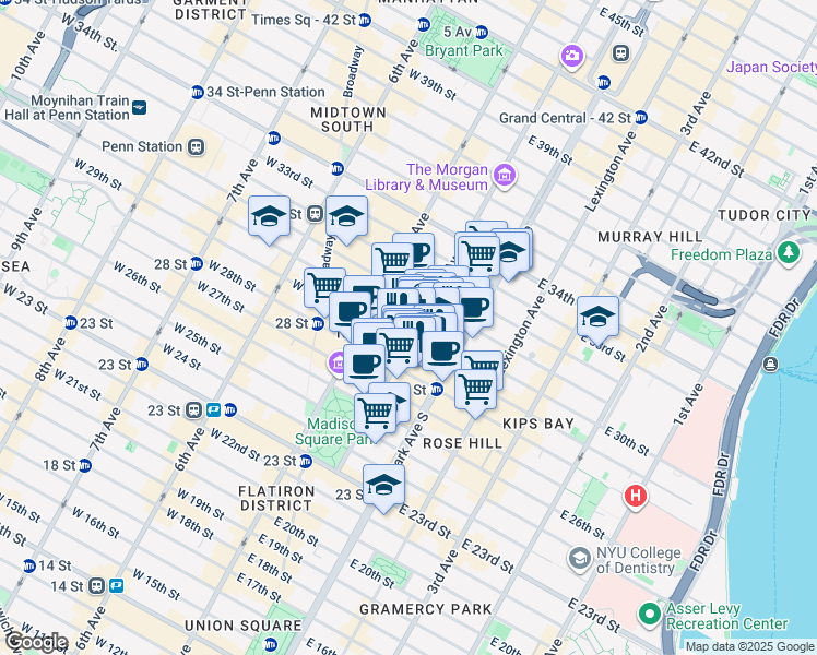 map of restaurants, bars, coffee shops, grocery stores, and more near 112 Madison Avenue in New York
