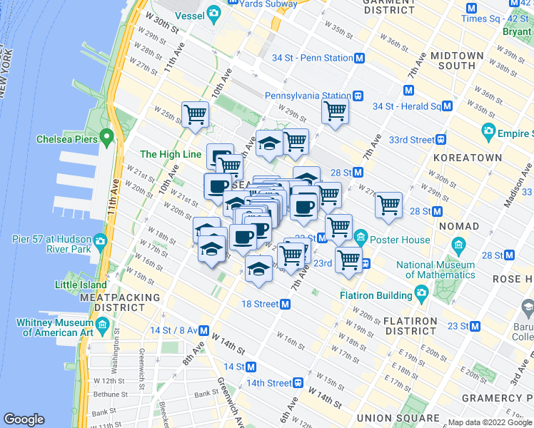 map of restaurants, bars, coffee shops, grocery stores, and more near 219 8th Avenue in New York