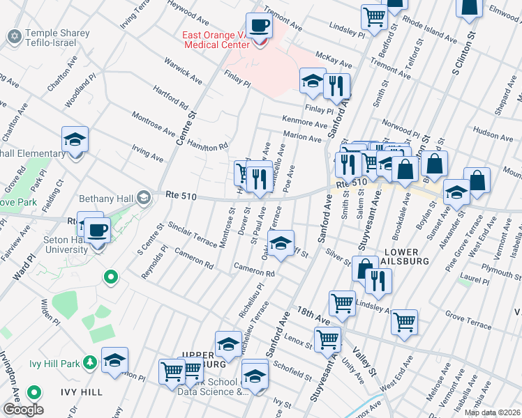 map of restaurants, bars, coffee shops, grocery stores, and more near 33 Saint Paul Avenue in Newark