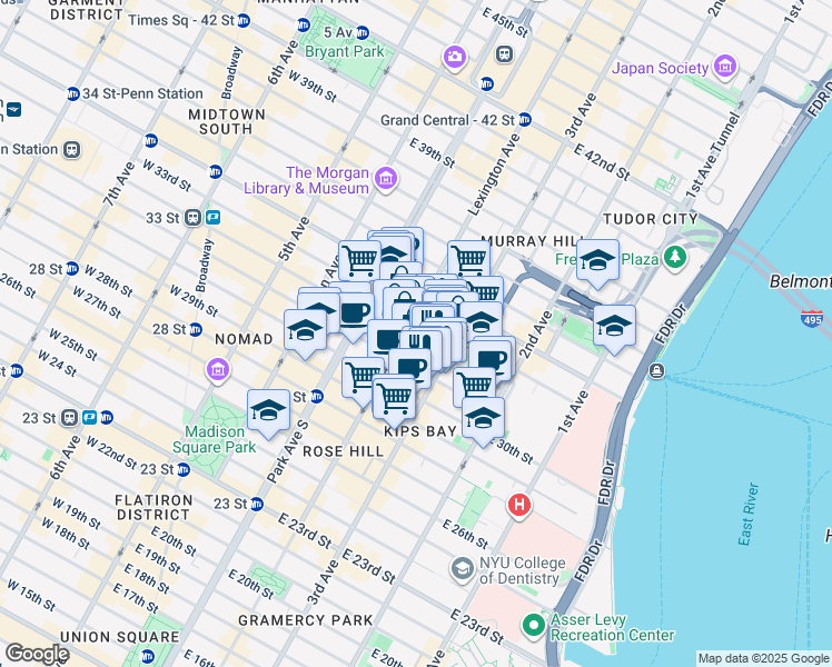 map of restaurants, bars, coffee shops, grocery stores, and more near in New York