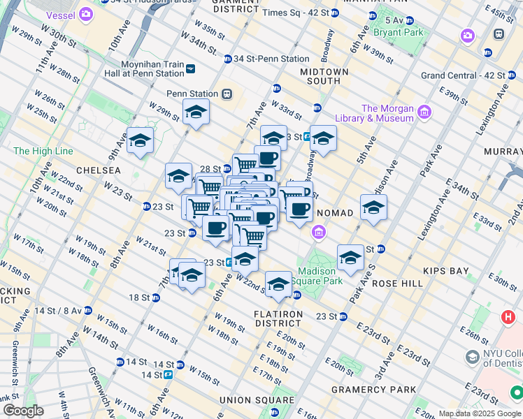 map of restaurants, bars, coffee shops, grocery stores, and more near 750 6th Avenue in New York