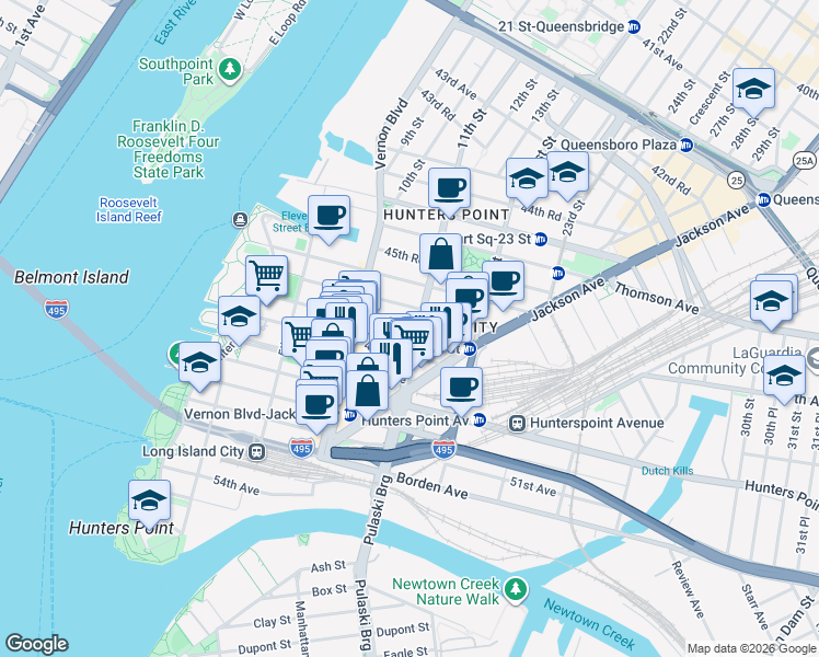 map of restaurants, bars, coffee shops, grocery stores, and more near 10-49 47th Road in Queens