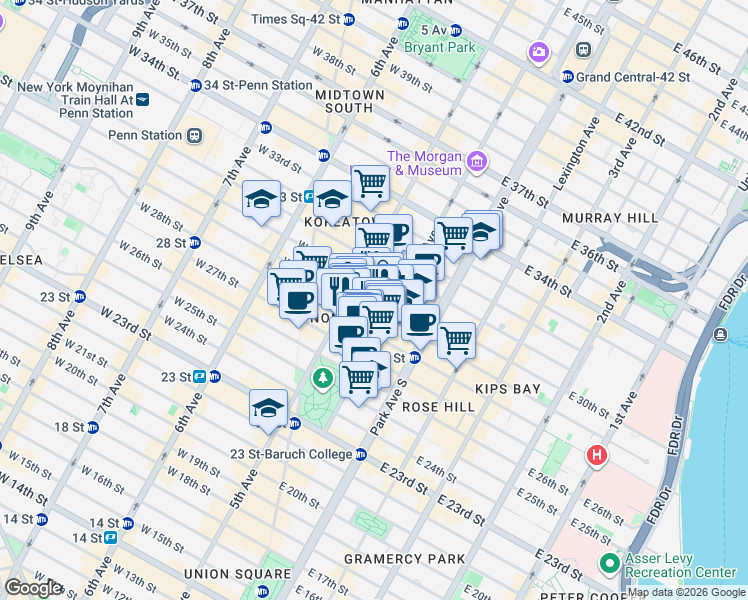 map of restaurants, bars, coffee shops, grocery stores, and more near 1 East 29th Street in New York