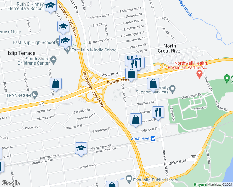 map of restaurants, bars, coffee shops, grocery stores, and more near 280 Belmore Avenue in East Islip