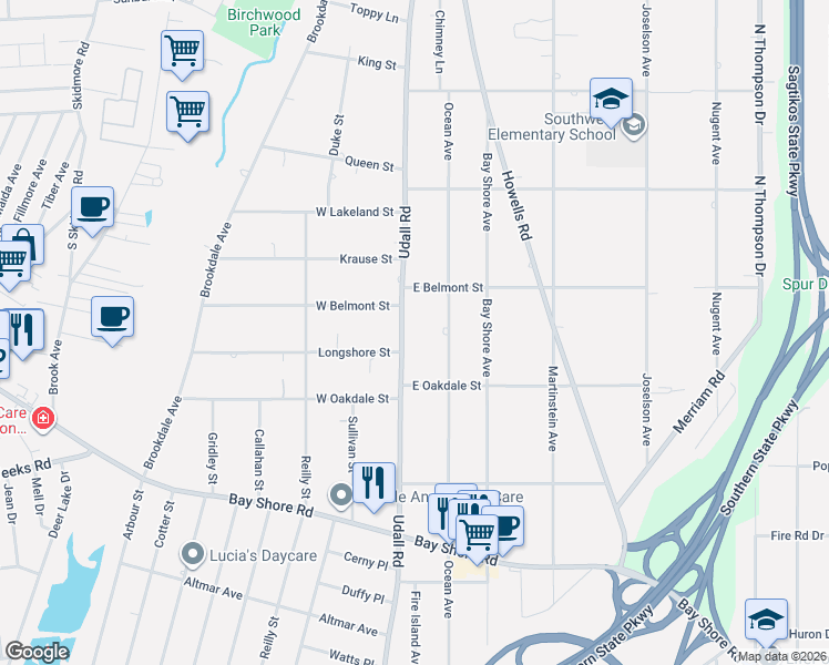 map of restaurants, bars, coffee shops, grocery stores, and more near 1103 Udall Road in Bay Shore
