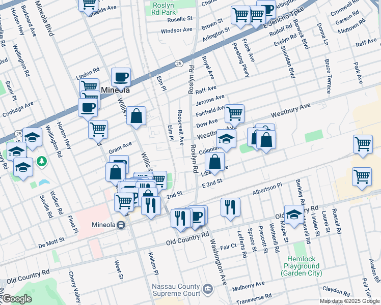 map of restaurants, bars, coffee shops, grocery stores, and more near 110 Roosevelt Avenue in Mineola