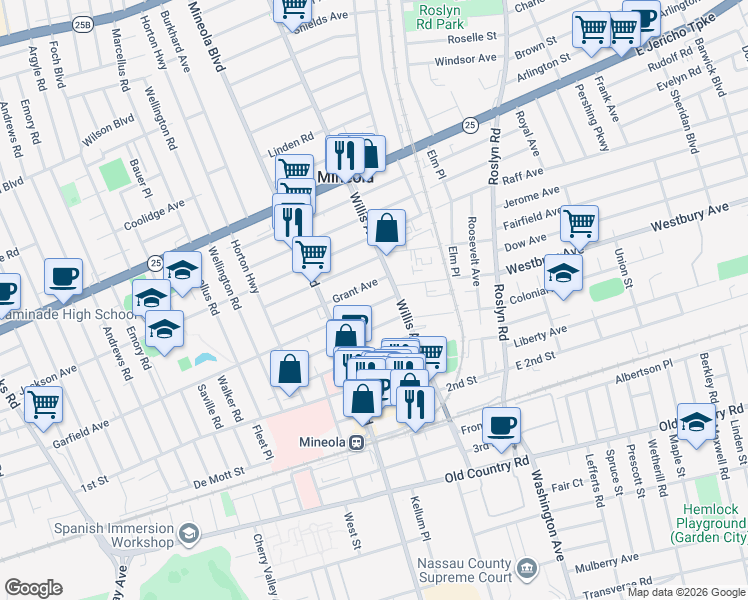 map of restaurants, bars, coffee shops, grocery stores, and more near 162 Cleveland Avenue in Mineola