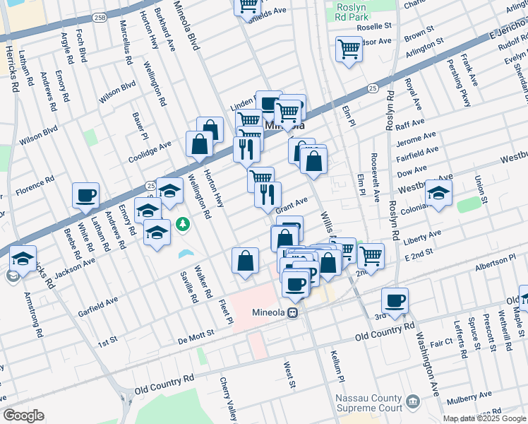 map of restaurants, bars, coffee shops, grocery stores, and more near 218 Garfield Avenue in Mineola