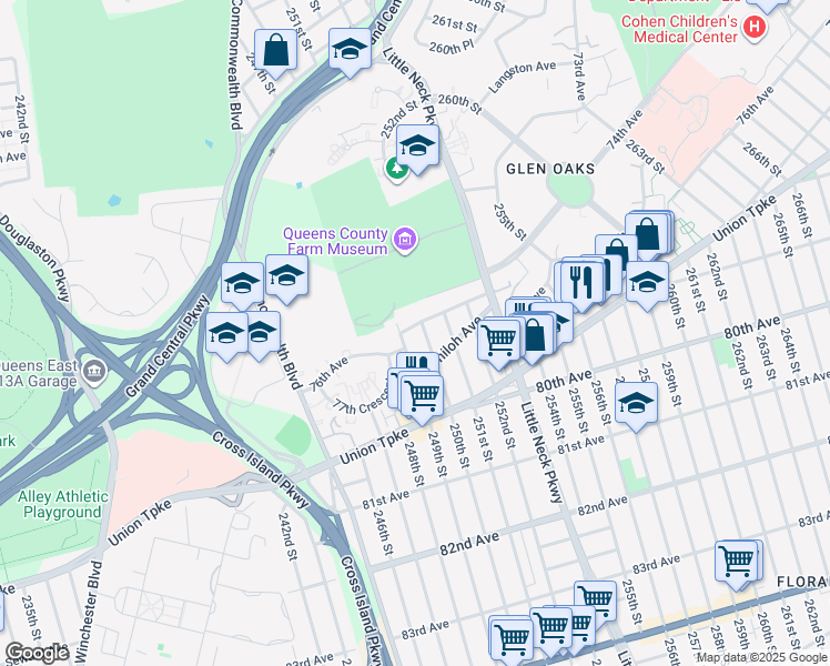 map of restaurants, bars, coffee shops, grocery stores, and more near 76-4 249th Street in Queens