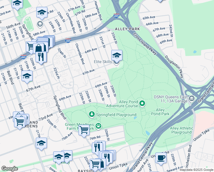 map of restaurants, bars, coffee shops, grocery stores, and more near 69-37 229th Street in Queens