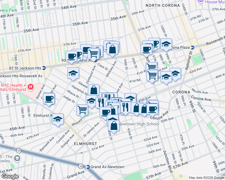 map of restaurants, bars, coffee shops, grocery stores, and more near in Queens