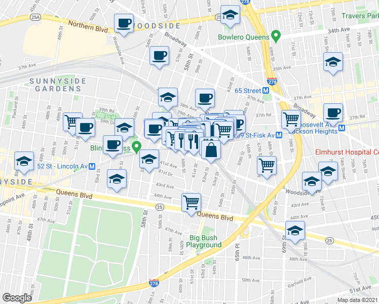 map of restaurants, bars, coffee shops, grocery stores, and more near 61-04 Woodside Avenue in Queens