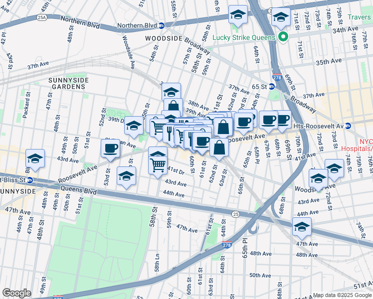 map of restaurants, bars, coffee shops, grocery stores, and more near 59-23 41st Avenue in Queens
