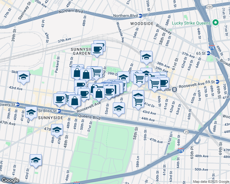 map of restaurants, bars, coffee shops, grocery stores, and more near in Queens