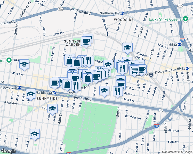 map of restaurants, bars, coffee shops, grocery stores, and more near in Queens