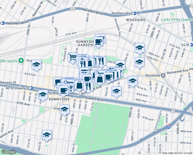 map of restaurants, bars, coffee shops, grocery stores, and more near 50-05 43rd Avenue in Queens