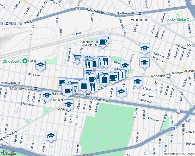 map of restaurants, bars, coffee shops, grocery stores, and more near 50-05 43rd Avenue in Queens