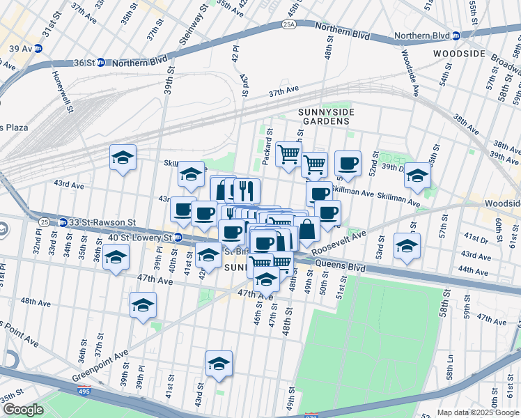 map of restaurants, bars, coffee shops, grocery stores, and more near 43-12 46th Street in Queens