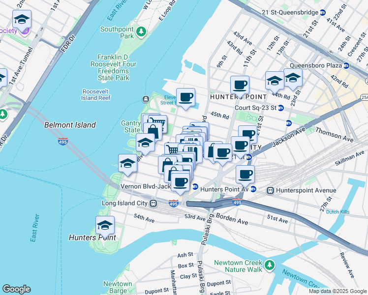 map of restaurants, bars, coffee shops, grocery stores, and more near 4812 Vernon Boulevard in Queens