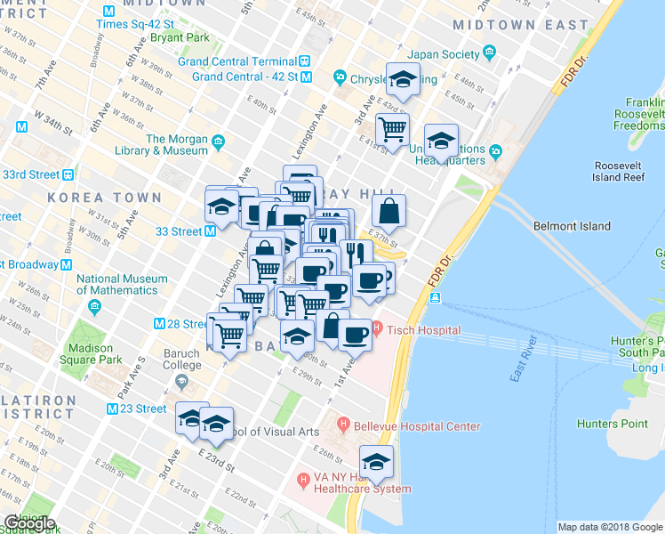 map of restaurants, bars, coffee shops, grocery stores, and more near in New York