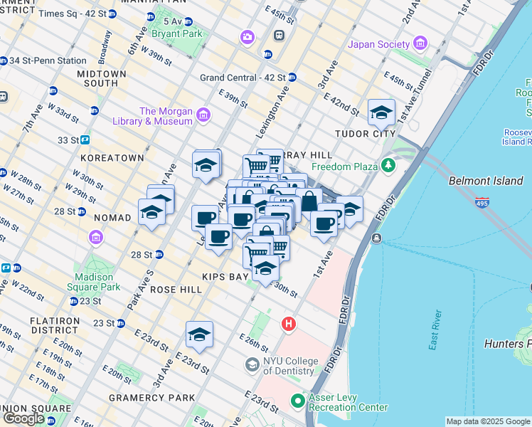 map of restaurants, bars, coffee shops, grocery stores, and more near 239 East 33rd Street in New York