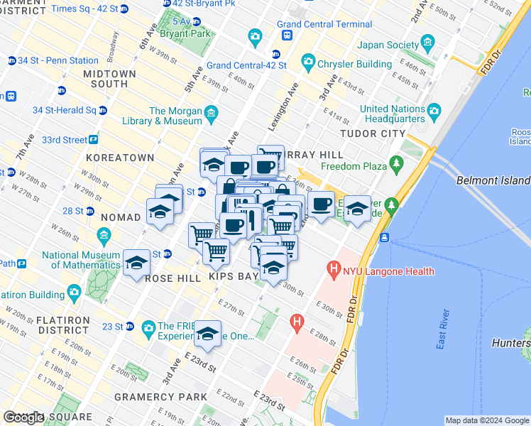 map of restaurants, bars, coffee shops, grocery stores, and more near in New York