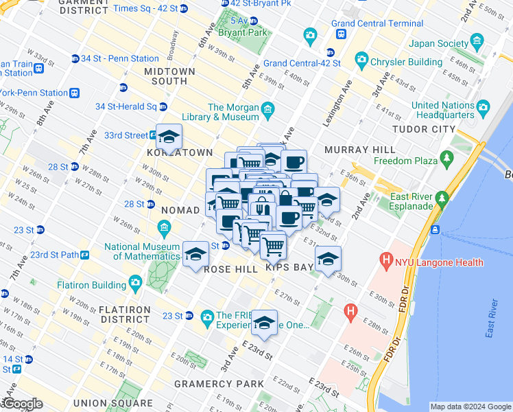 map of restaurants, bars, coffee shops, grocery stores, and more near 114 East 32nd Street in New York