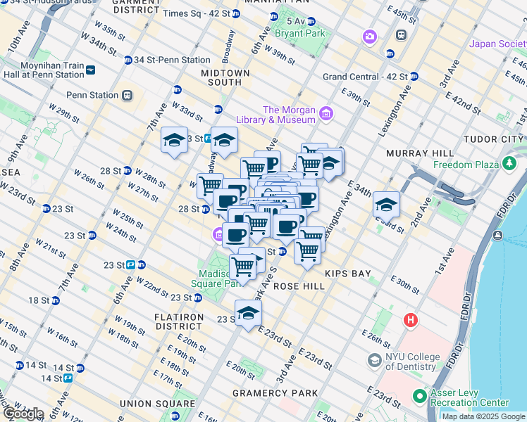 map of restaurants, bars, coffee shops, grocery stores, and more near 79 Madison Avenue in New York