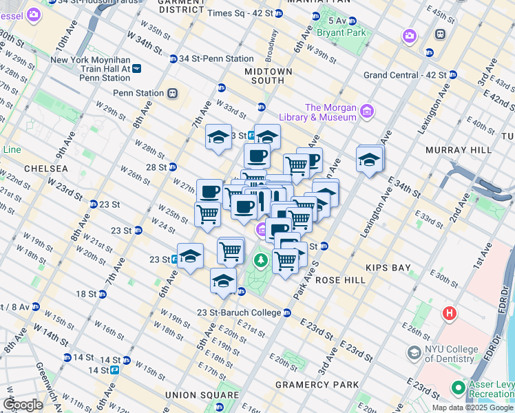 map of restaurants, bars, coffee shops, grocery stores, and more near 236 5th Avenue in New York