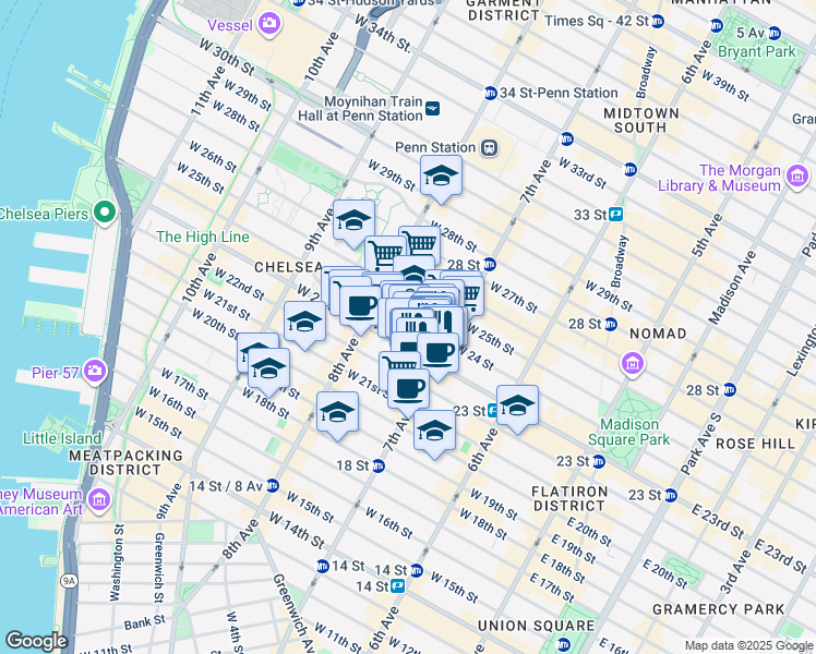map of restaurants, bars, coffee shops, grocery stores, and more near 213 West 23rd Street in New York