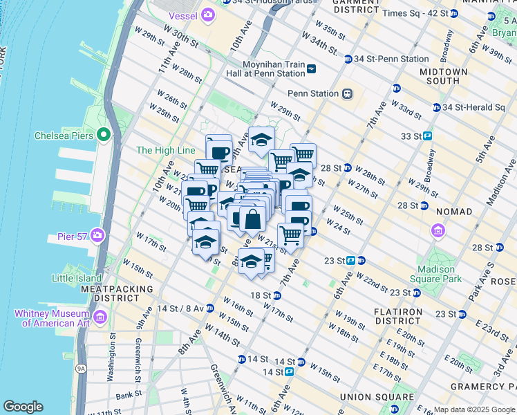 map of restaurants, bars, coffee shops, grocery stores, and more near 219 8th Avenue in New York