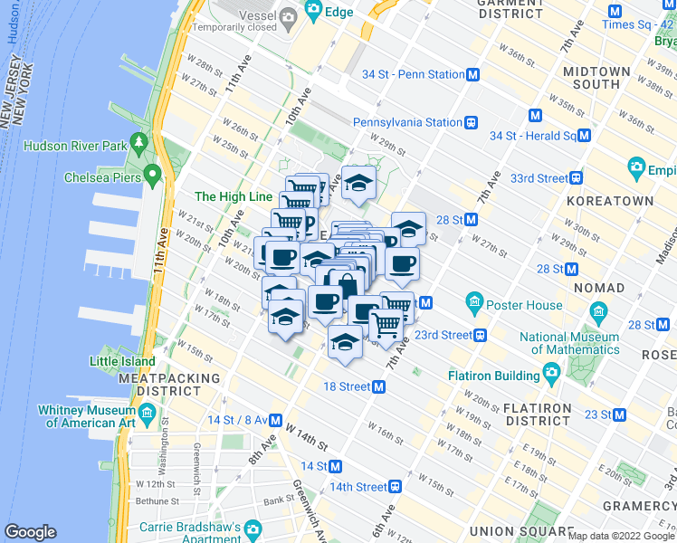 map of restaurants, bars, coffee shops, grocery stores, and more near 219 8th Avenue in New York