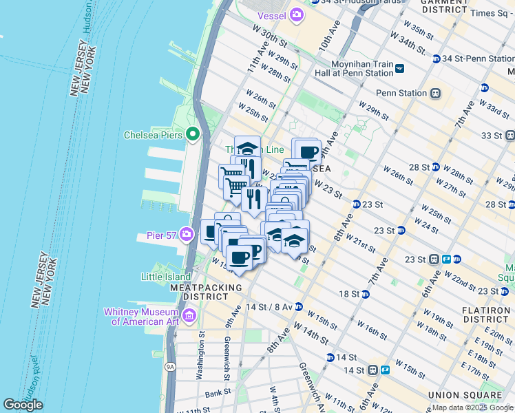 map of restaurants, bars, coffee shops, grocery stores, and more near 421 West 19th Street in New York