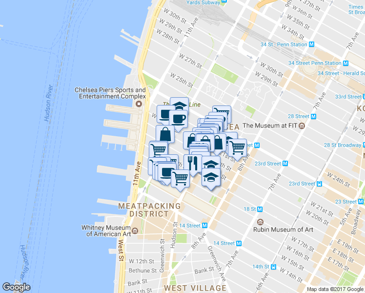 map of restaurants, bars, coffee shops, grocery stores, and more near 421 West 19th Street in New York