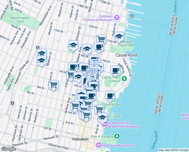 map of restaurants, bars, coffee shops, grocery stores, and more near 631 Bloomfield Street in Hoboken