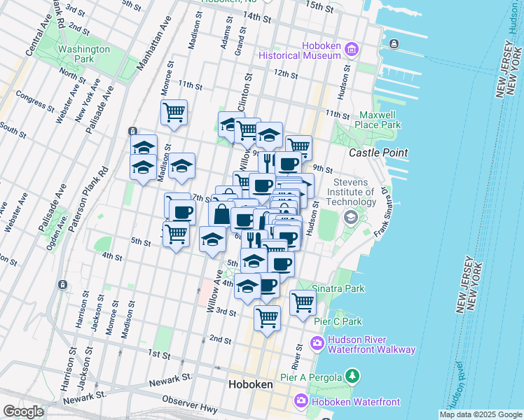 map of restaurants, bars, coffee shops, grocery stores, and more near 622 Garden Street in Hoboken