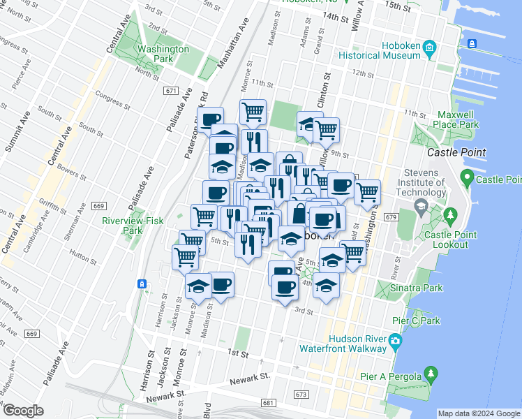 map of restaurants, bars, coffee shops, grocery stores, and more near 533 Adams Street in Hoboken