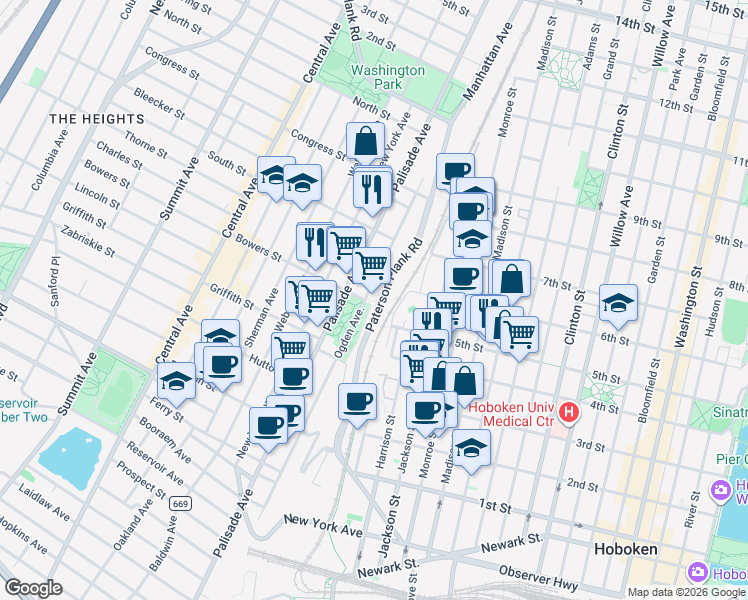 map of restaurants, bars, coffee shops, grocery stores, and more near 454-512 Marshall Drive in Hoboken
