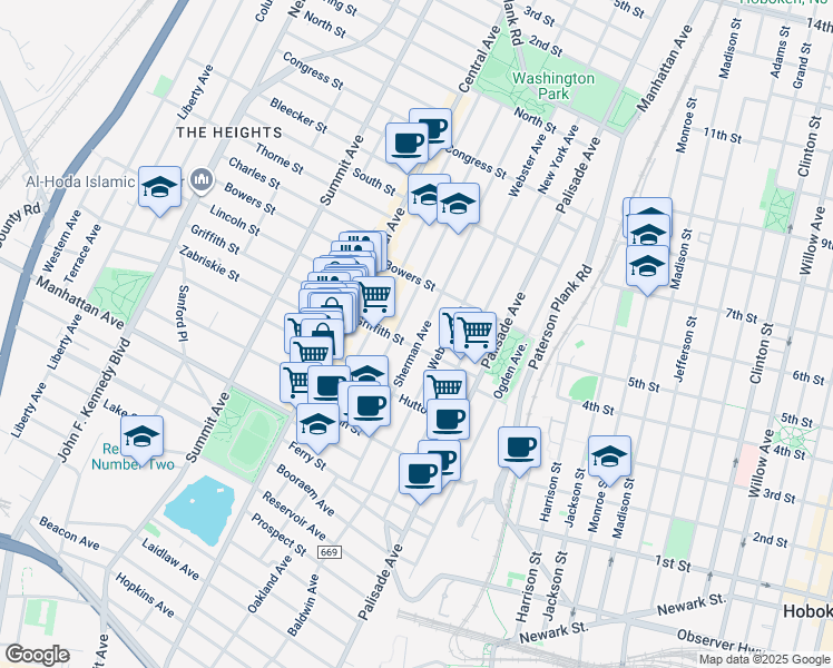 map of restaurants, bars, coffee shops, grocery stores, and more near 62 Hancock Avenue in Jersey City