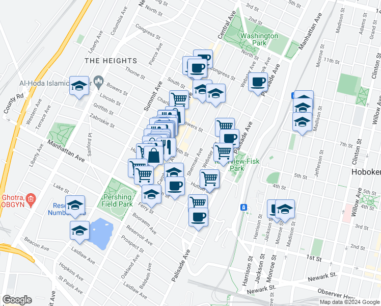 map of restaurants, bars, coffee shops, grocery stores, and more near 62 Hancock Avenue in Jersey City