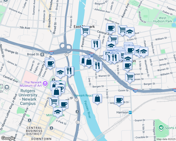map of restaurants, bars, coffee shops, grocery stores, and more near 201 Dey Street in Harrison
