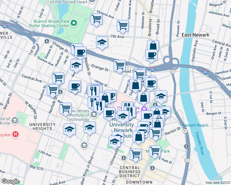 map of restaurants, bars, coffee shops, grocery stores, and more near 275 Doctor Martin Luther King Junior Boulevard in Newark