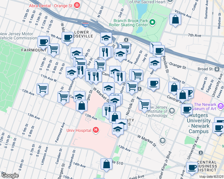map of restaurants, bars, coffee shops, grocery stores, and more near 59 Hartford Street in Newark