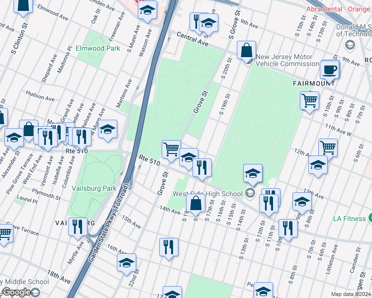 map of restaurants, bars, coffee shops, grocery stores, and more near 8-14 Ferdinand Street in Newark