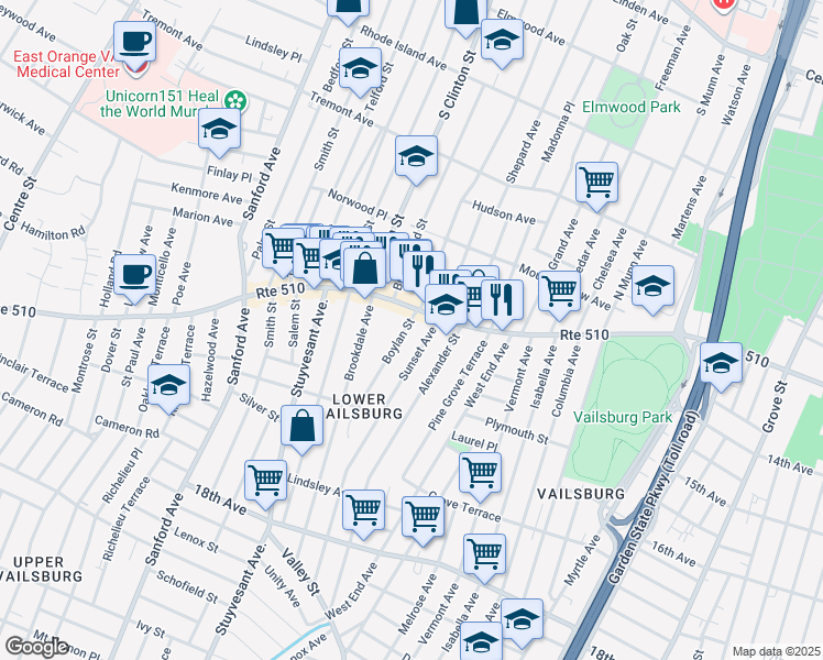 map of restaurants, bars, coffee shops, grocery stores, and more near 44 Boylan Street in Newark