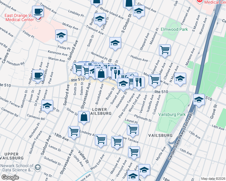 map of restaurants, bars, coffee shops, grocery stores, and more near 44 Boylan Street in Newark